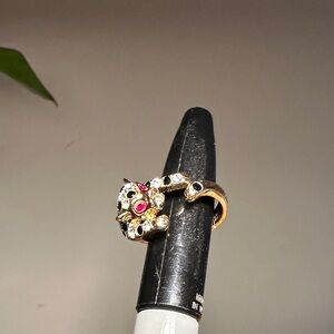 Elegant faux Ruby, Gold tone and Silver tone Panther Cocktail Ring